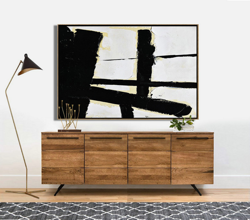 Acrylic Painting On Canvas,Horizontal Palette Knife Minimal Canvas Art Painting Black White Beige - Huge Abstract Canvas Art